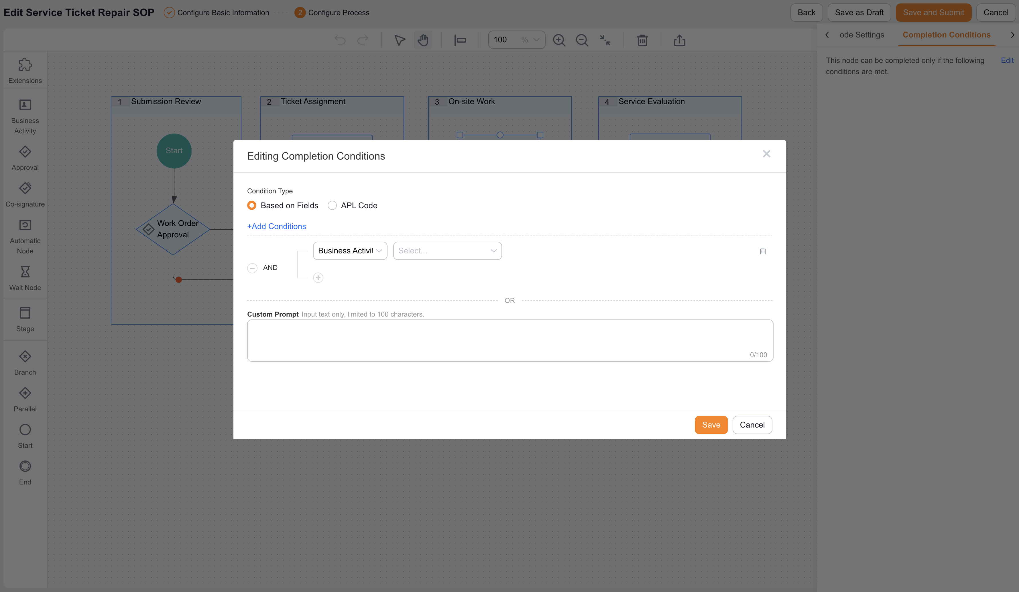 Business Activity node field-based completion condition
