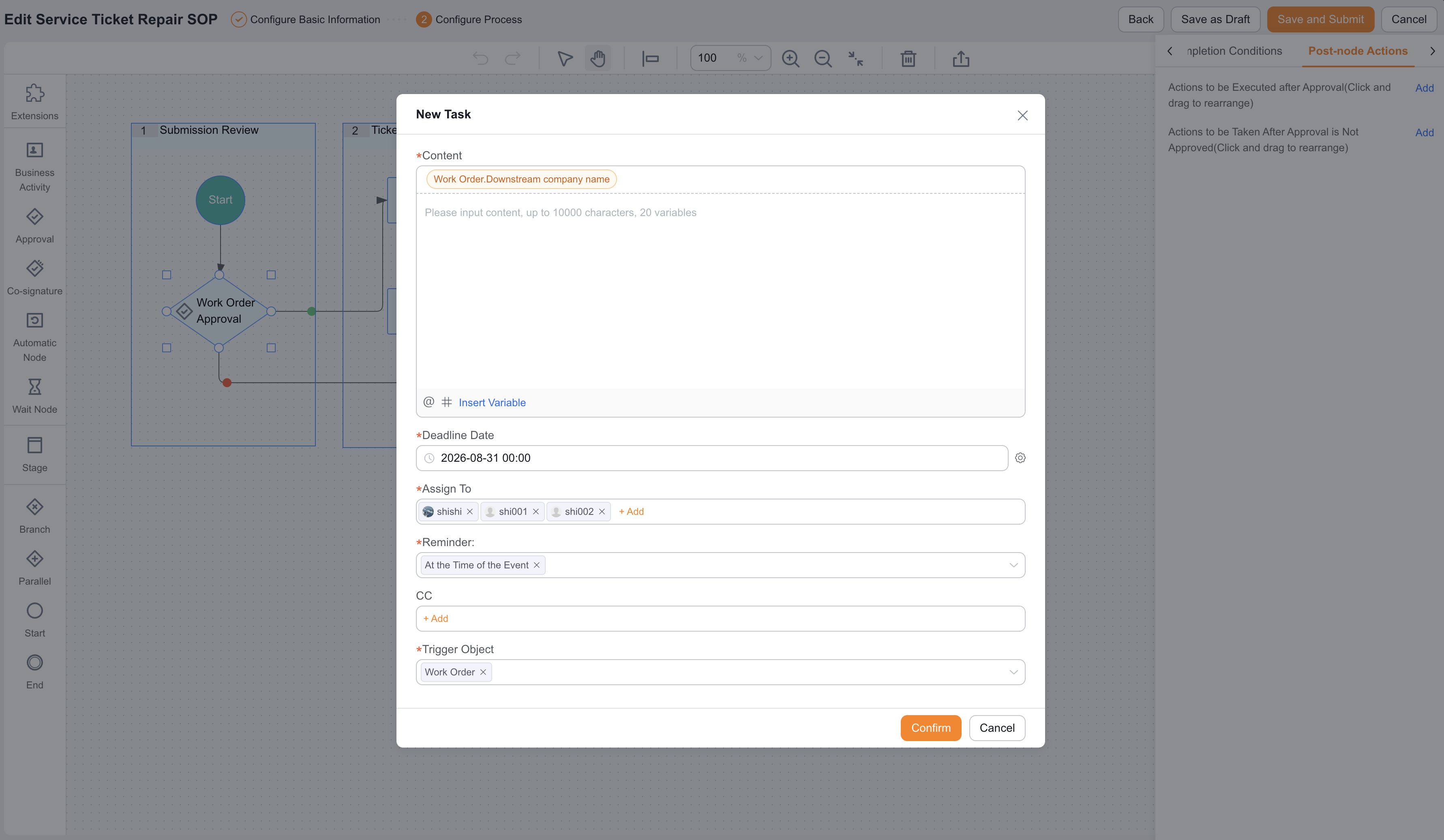 Post-Business Process new task action