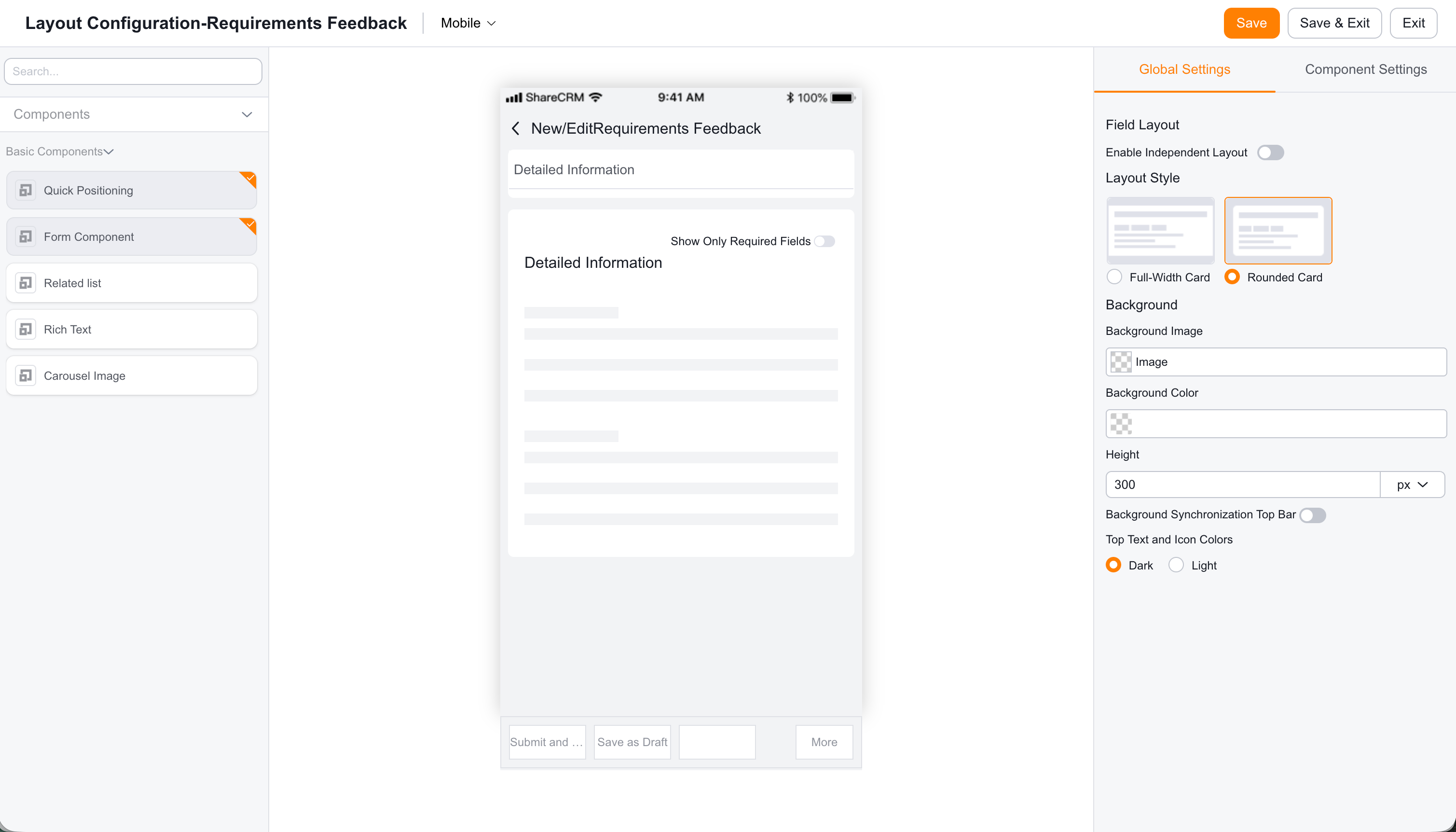 Mobile Form Page settings