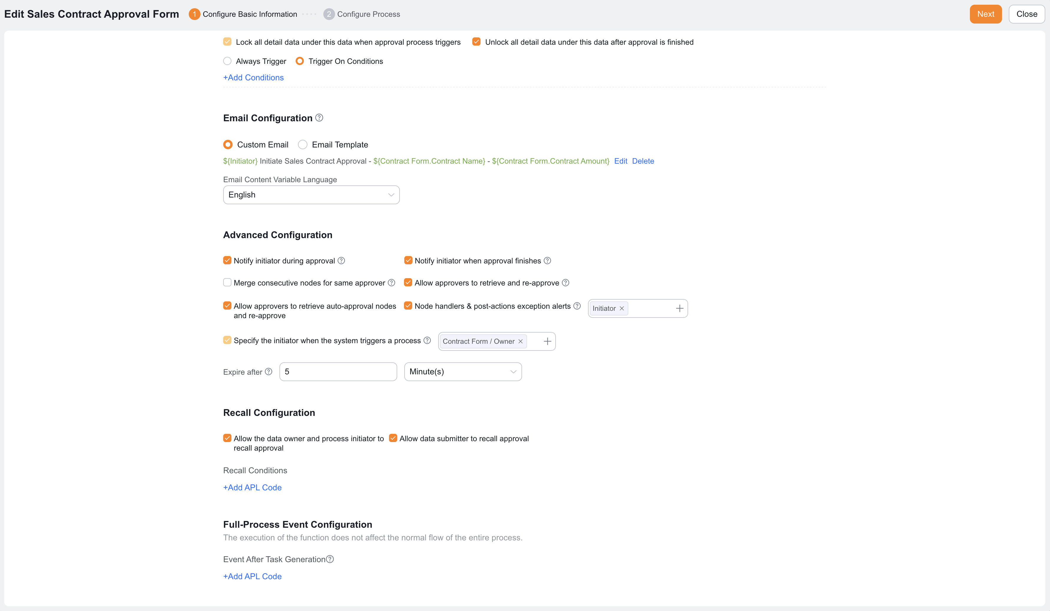 Approval Process whole-process function entry