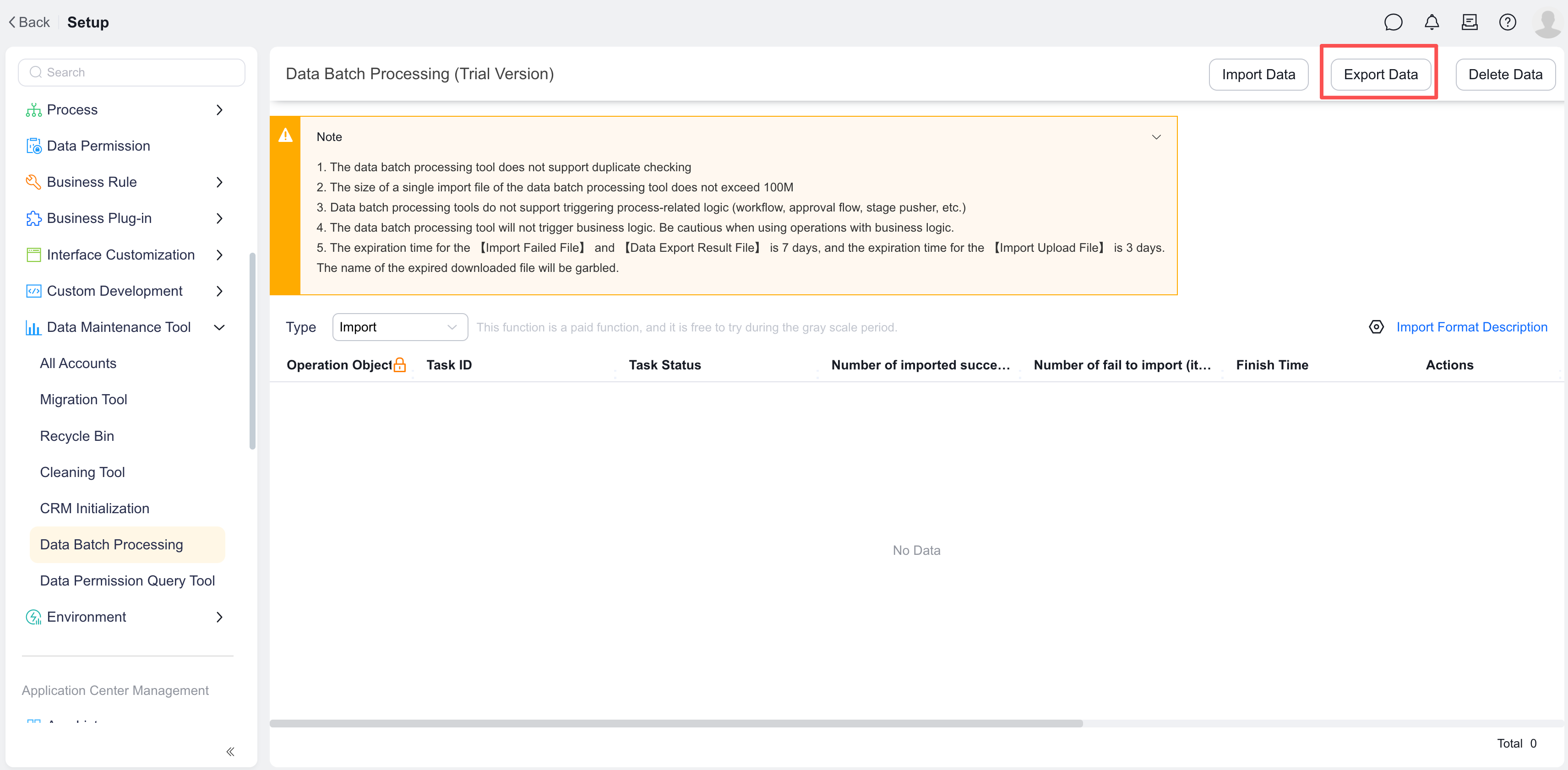 Export feature entry