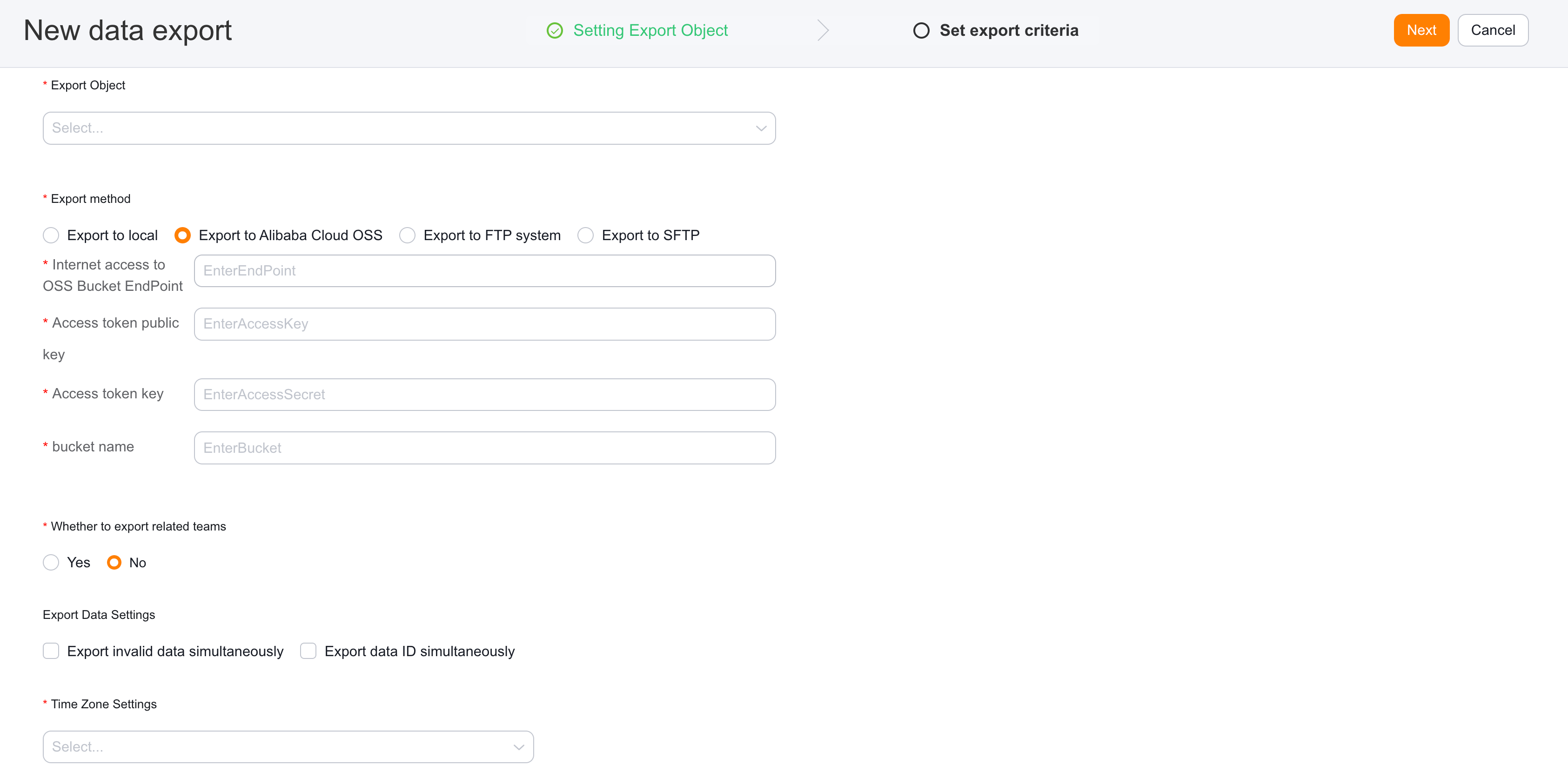 Set export method and timing