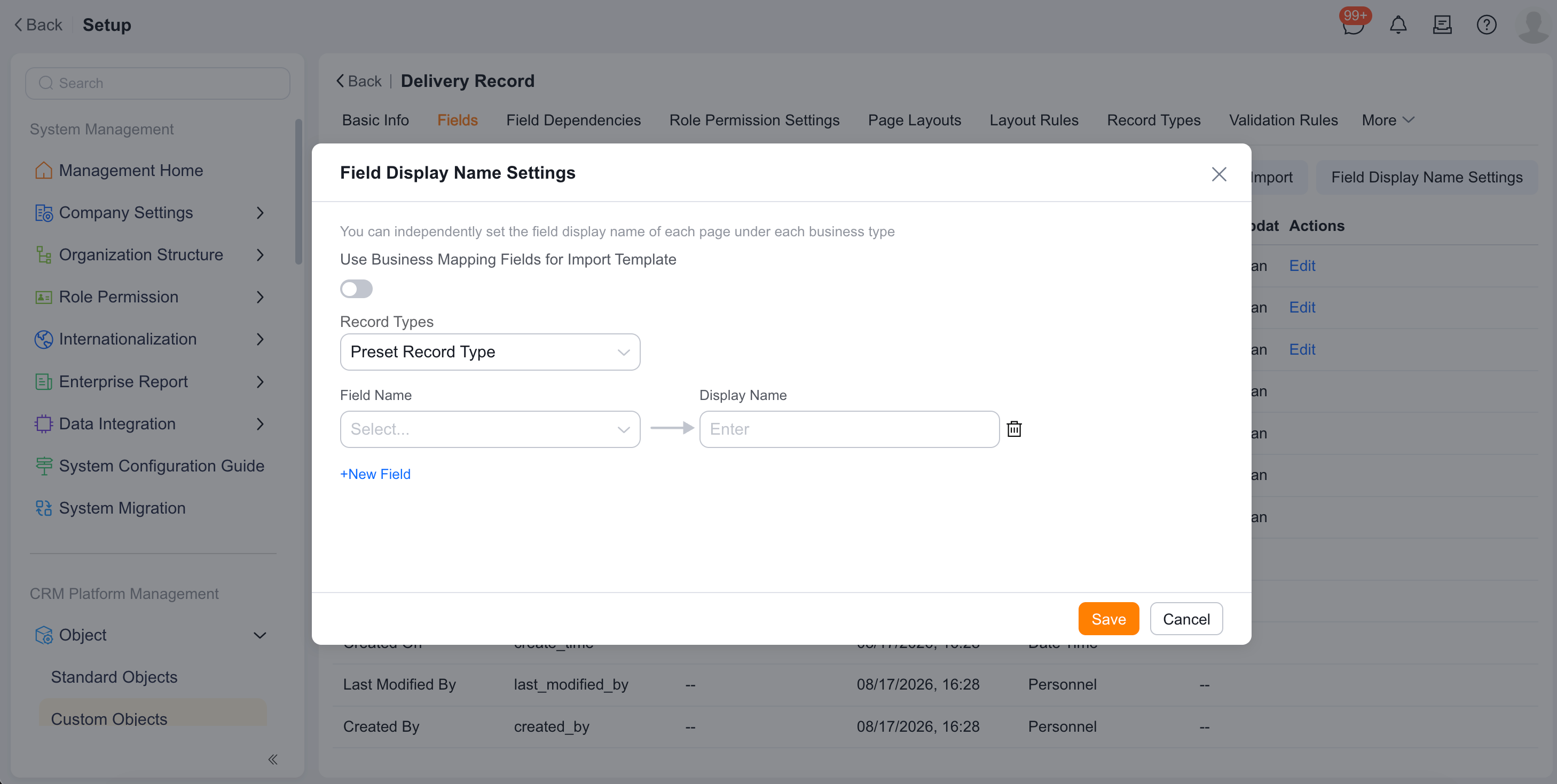 Select object display fields