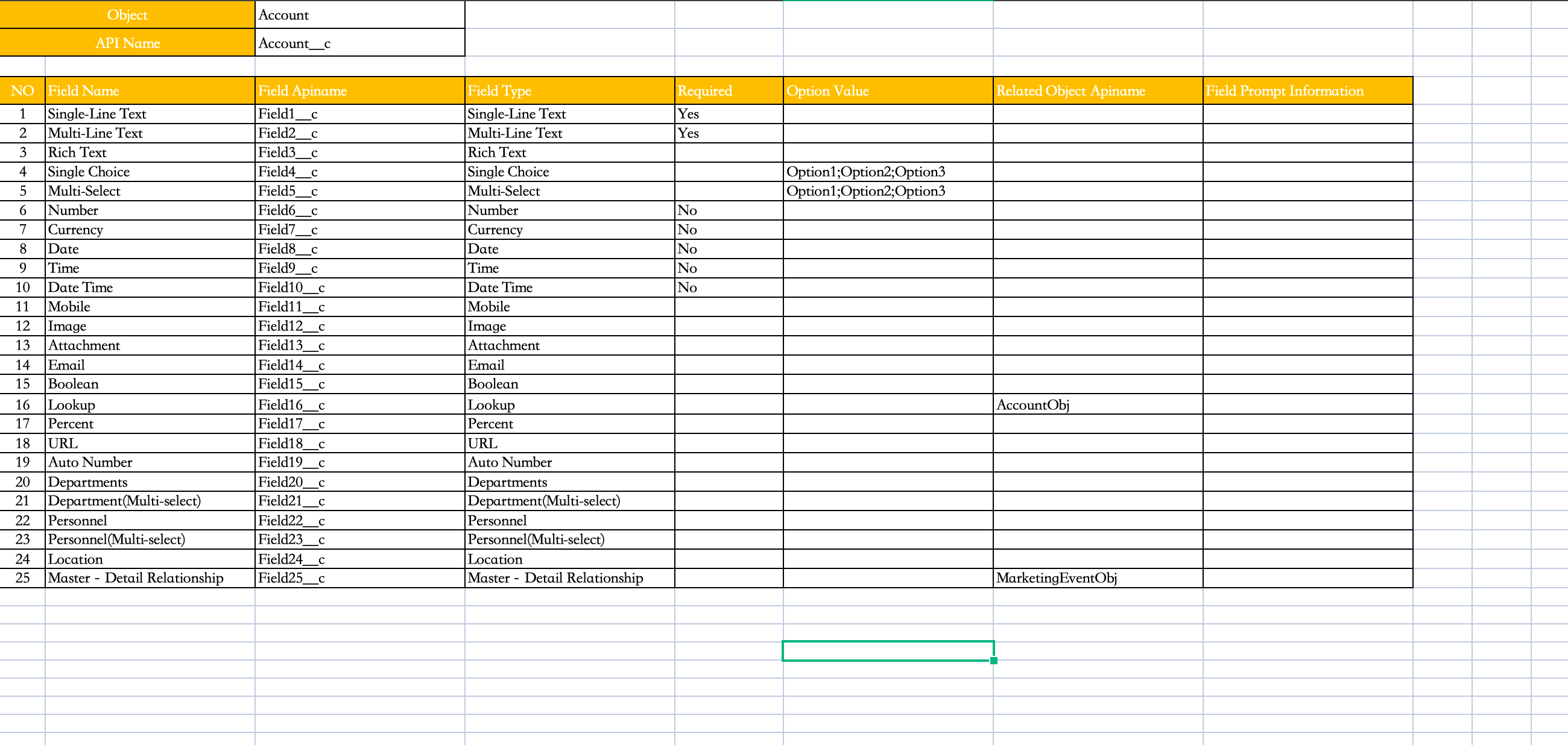 Excel import template structure