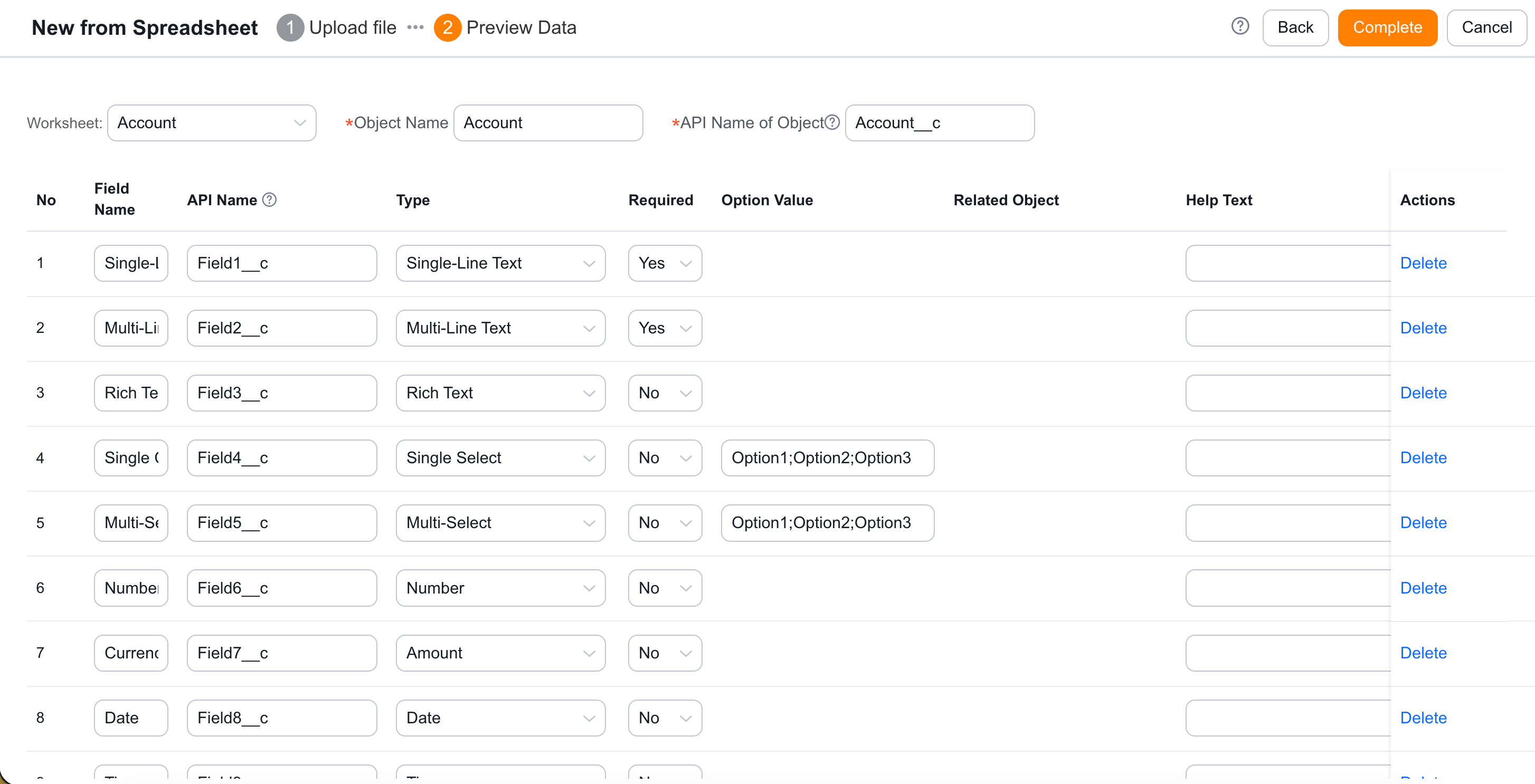 Excel data import preview